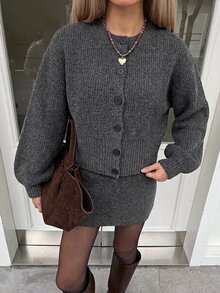 Lavishia Women's Elegant Round Neck Lantern Sleeve Cardigan And Skirt Sweater 2 Pieces Set - Dark Grey - View 1