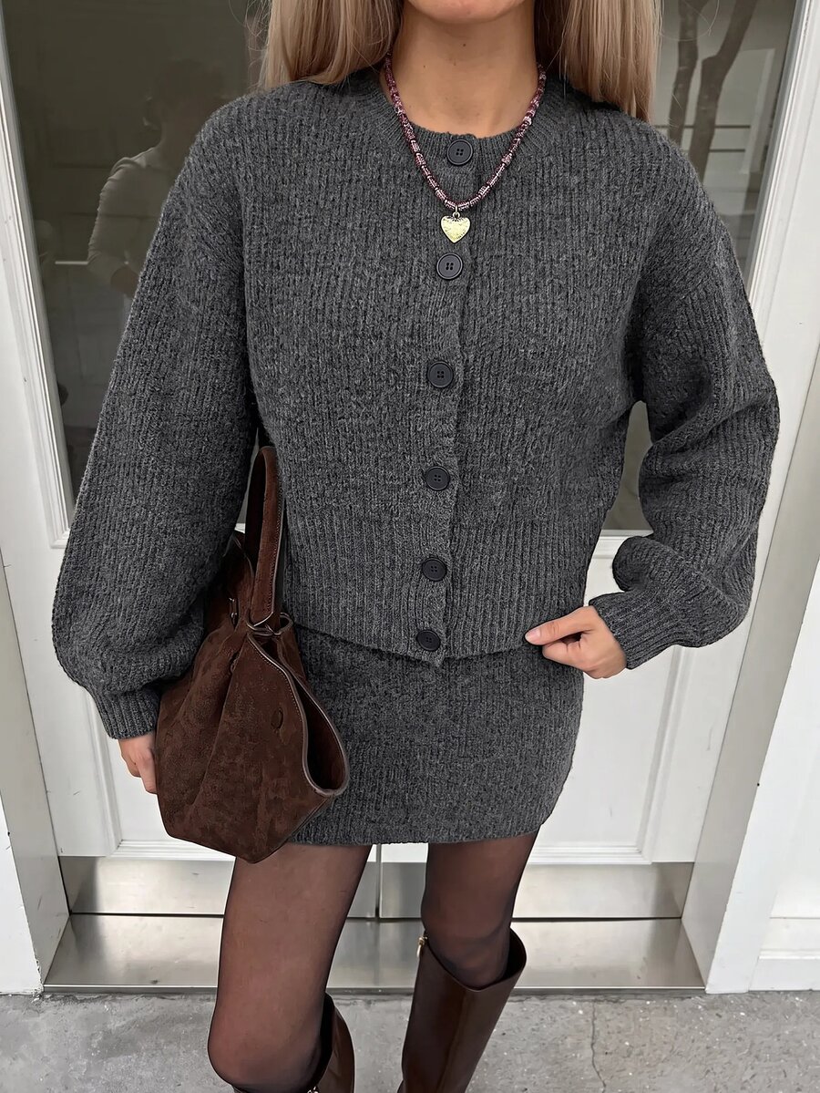 Lavishia Women's Elegant Round Neck Lantern Sleeve Cardigan And Skirt Sweater 2 Pieces Set - Dark Grey - View 1
