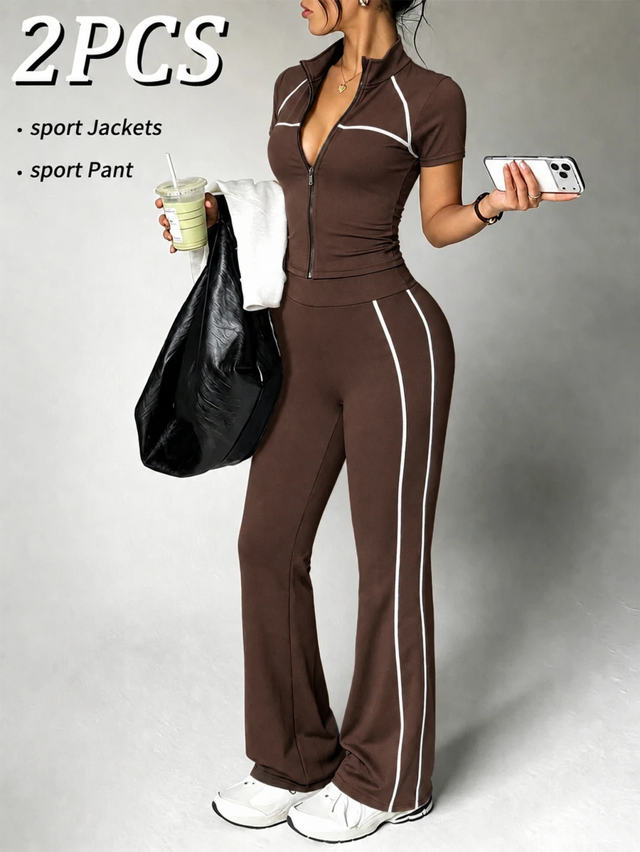 Dewbera Dewbera 2PCS Women's Sports Set Brown And White Fitted Raglan Short Sleeve Contrast Stripe Split Collar Full Zip Jacket Flare Pants Athleisure Athletic Gym - Brown - View 1