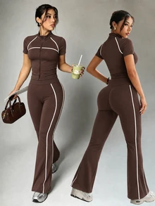 Dewbera Dewbera 2PCS Women's Sports Set Brown And White Fitted Raglan Short Sleeve Contrast Stripe Split Collar Full Zip Jacket Flare Pants Athleisure Athletic Gym - Brown - View 5
