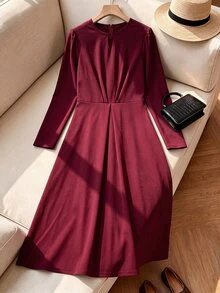 Rusticease Middle-Aged Women Solid Color Pleated Casual Party Dress - Burgundy - View 1