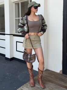 DAZY Autumn/Winter Green & Brown Camouflage Pattern Hooded Short Knit Cardigan, Casual Street Style Cool Chic Women's Sweater - Green - View 6