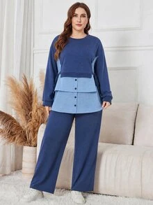 Lacomfia Autumn/Winter Casual Elegant Ribbed Patchwork Crew Neck Pullover Knit Textured Tie-Up Button Patchwork Long Sleeve Loose Versatile Plus Size Women's 2 Pieces Set - Multicolor - View 4