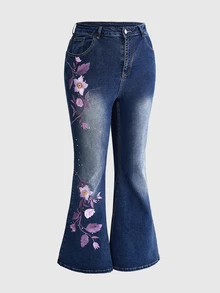 ROMWE Hippie Plus Size Women's Casual Daily Flare Jeans With Pocket, Button And Floral Embroidery Pattern - Blue - View 5