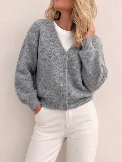 Sprig & Strand Autumn/Winter Korean Style Soft Knit Cardigan, Lantern Sleeve Lazy Casual Fuzzy Texture Design, Daily Streetwear Commute Versatile Vintage Open Front Jacket For Women