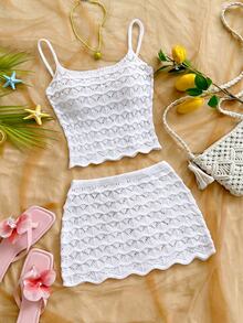 Soleia Women's Solid Color Hollow Out Camisole Knit Top And Knit Skirt 2 Pieces Set Beach Vacation White Summer Boho Tropical,Girly, - White - View 7