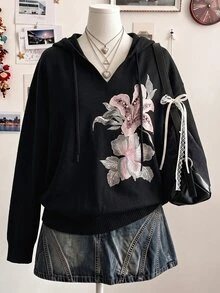 Lalippa Sweatshirt Kasual Modis Model Dasar Leher V Berkerudung dengan Motif Bunga Warna Hitam - Hitam - View 1