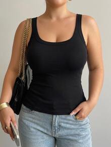 Dazy Plus Plus Size Women Solid Color Thermal Lined Thick Slim Fit All-Match Versatile Black Tank Top - Black - View 3
