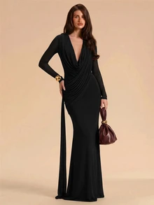 SHEIN BAE Women's Elegant Party Solid Color Wrap Mermaid Dress - Black - View 7