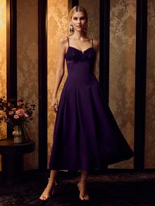 MOTF PREMIUM ELEGANT WOMEN SPAGHETTI STRAP 3D FLORAL APPLIQUE SATIN GOWN FOR FORMAL EVENING PARTY, WEDDING - Purple - View 4