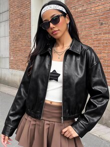 SHEIN 青少年女孩秋/冬新款美式復古黑色磨損PU皮革短夾克，適合秋冬季節 - 黑色 - 查看 1