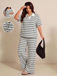Elaquor Plus Size Summer Casual Striped Top And Pants 2 Pieces Set - Black and White - View 6