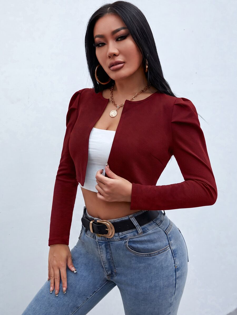 SHEIN PETITE 秋冬款泡泡袖前開襟短版夾克 - 酒紅色 - 查看 1