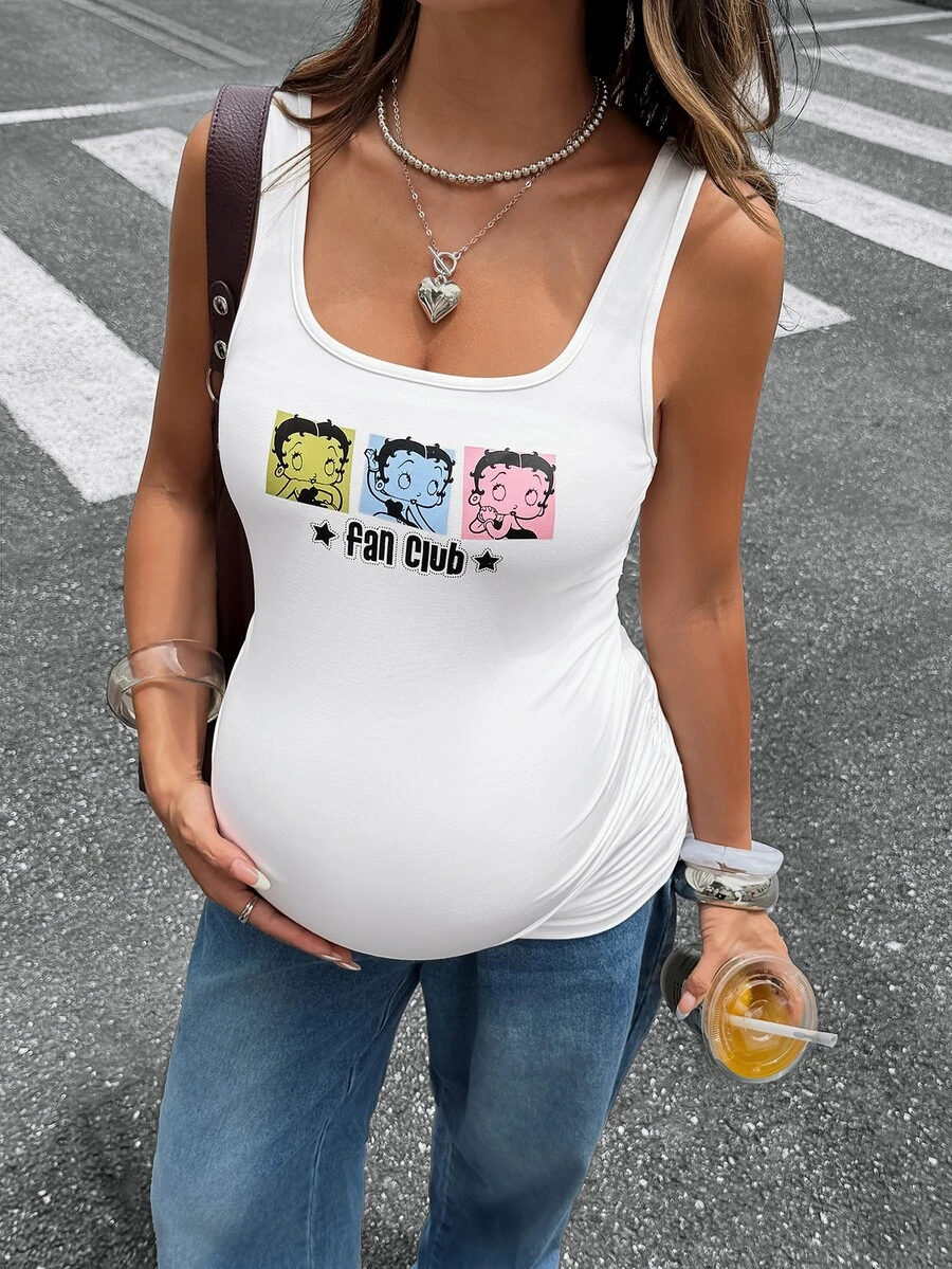 Lyckli Betty Boop x SHEIN Maternity Letter Cartoon Print Square Neck Casual Tank Top - White - View 1