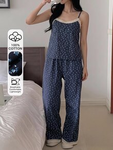 DAZY 2件組碎花拼接配色短袖T恤與長款睡褲套裝，夏季女款睡衣 - 藏蓝色 - 查看 3