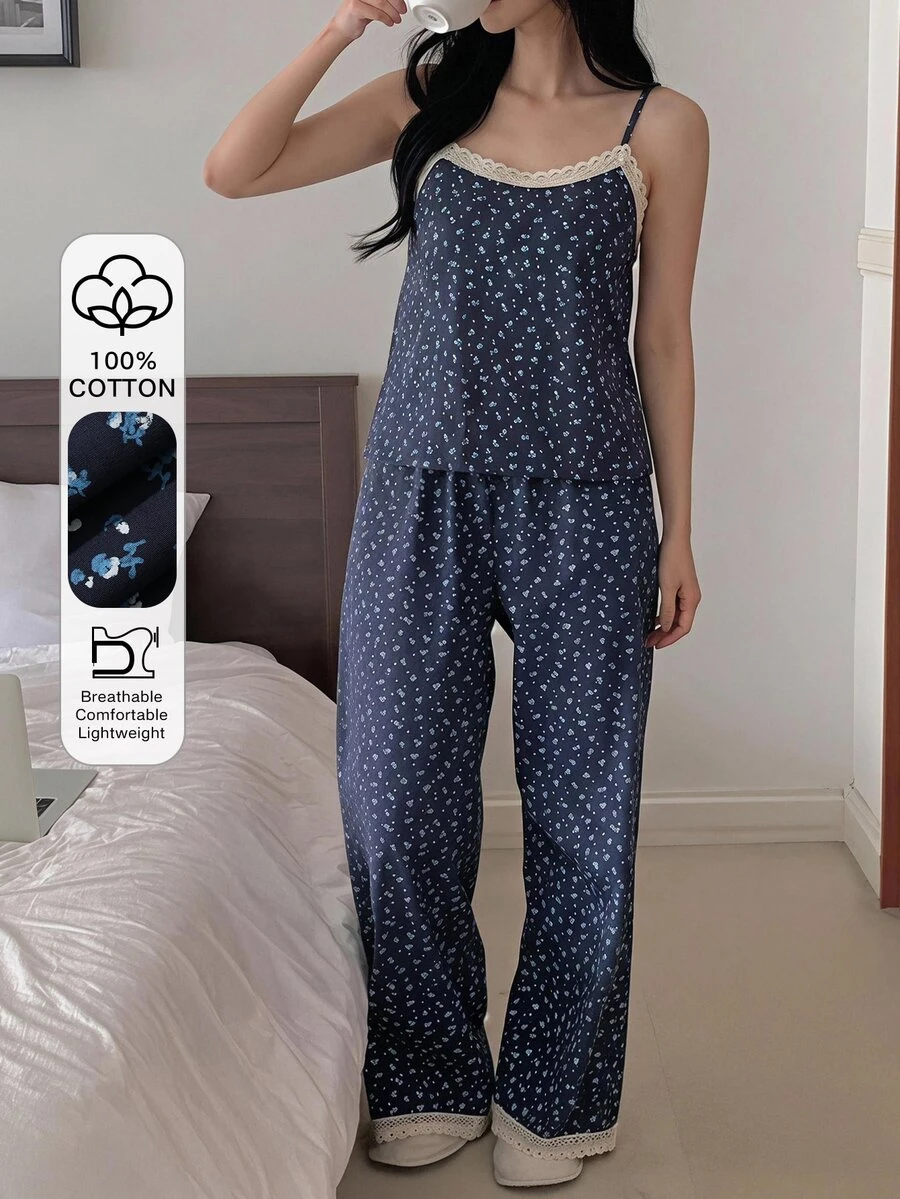 DAZY 2pcs Ditsy Floral Colorblock Short Sleeve T-Shirt & Long Pajama Pants Set, Summer Women's Sleepwear - Navy Blue - View 1