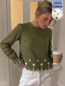 Serisse Women's Casual Floral Embroidered Shirt, Fall Brunch Green Floral - Army Green - View 9