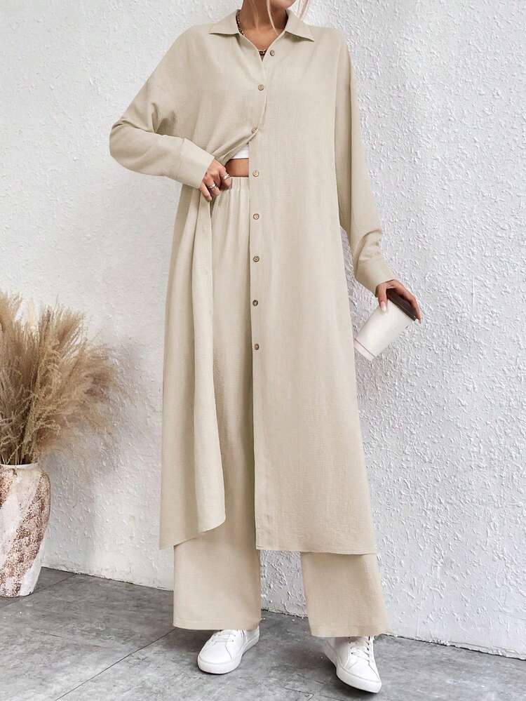 Louniche Women's Solid Color Drop Shoulder Long Sleeve Single-Breasted Long Shirt And Pants Casual 2 Pieces Set - Apricot - View 7