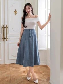 DAZY 女款休閒通勤 A 字牛仔裙 - 淺色水洗藍 - 查看 7