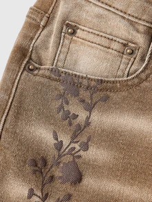 ROMWE Celana Jeans Wanita Model Flare Pinggang Rendah Bergaya Hippie Vintage Warna Cokelat dengan Efek Sobek dan Motif Cetak - Coklat - View 3