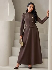 Veilorie 女款純色長袖上衣與裙子休閒日常兩件套 - 咖啡棕 - 查看 6