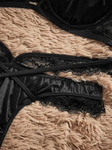 HautHeat 2pcs Lace Patchwork Non-Padded Underwire Balconette Push Up Bra With Cross Straps, Sexy Satin Cup Detail Women's Lingerie Set - Black - View 4