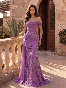 Coutiva Lake Blue Off-Shoulder Ruched Sequin Fitted Mermaid Side Drape Flounce Train Long Evening Gown - Purple - View 6