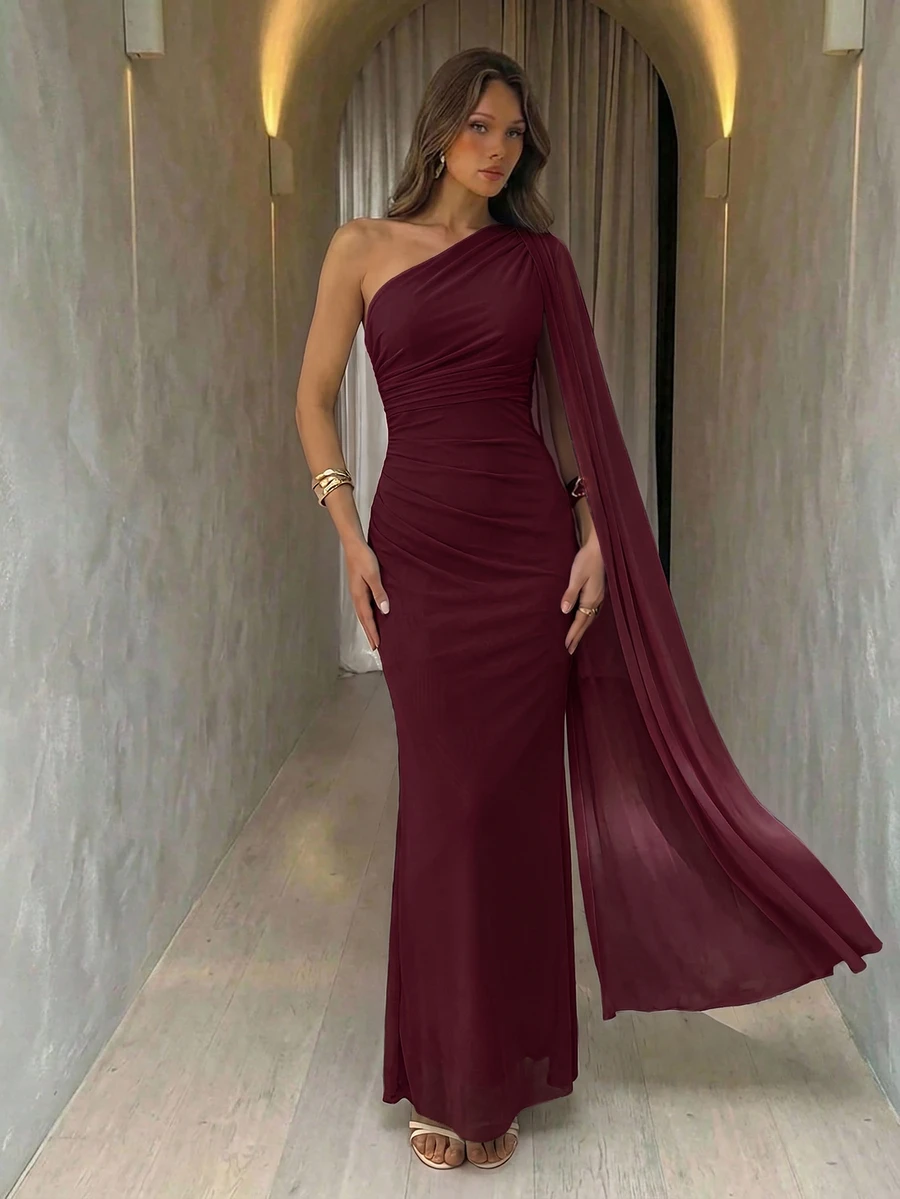 Aloruh One Shoulder Ruched Bust And Waist Romantic Elegant Drape Neck Fitted Mermaid Long Dress - Burgundy - View 1