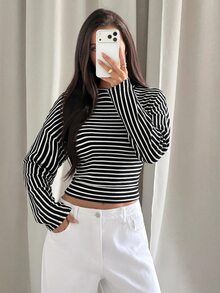 Aloruh 女款休閒寬鬆上身緊身下身條紋T恤，秋冬款 - 黑色 - 查看 5