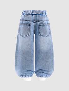 SHEIN Young Girl Denim Summer Jeans, Light Blue Washed, Star Patchwork Embroidery Design, Super Cool Versatile Straight Leg Denim Pants - Light Wash - View 2