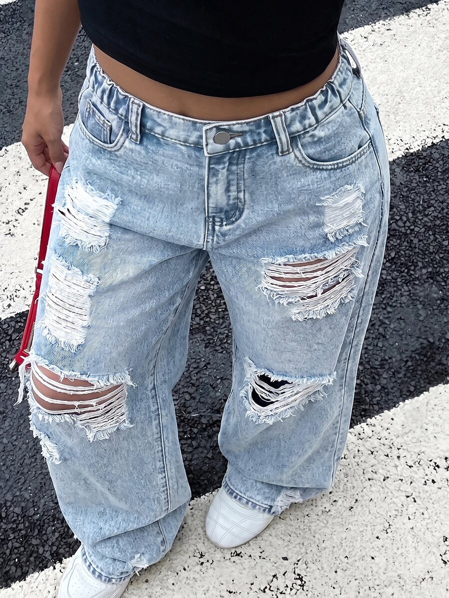 SHEIN Girls' Light Blue Distressed Loose Fit Denim Long Pants - Blue - View 1