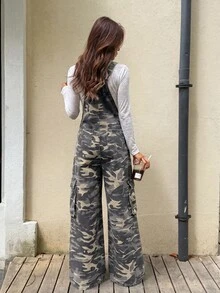 SHEIN Teen Girls Camouflage Denim Loose Overalls - Army Green - View 5