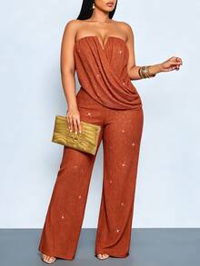 SOLERSUN Plus Size Elegant Party Strapless Ruched Draped Wide Leg Jumpsuit, High Elastic Textured Shiny Party, Fashion Elegant Commute Party Halloween Party - Rust Brown - View 2