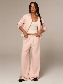 Athîral Women's  Light Pink Casual Zip-Up Hoodie Sweatpants 2pc Set For Autumn,Soft Comfortable,Casual 2 Pieces Set,Going Out Lounge,Back To School,Christmas - Pink - View 4