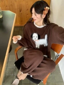 DAZY Happy Puppy Pattern Contrast Color Loose Knit 2-Piece Pajama Set For Women, Autumn/Winter - Coffee Brown - View 11