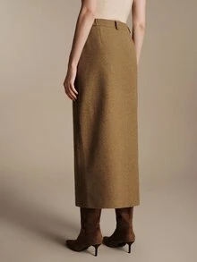 Anewsta Essential Women's Minimalist Elegant Versatile Luxury High-End Suit Straight Slimming Front Slit Mid-Length Skirt - Khaki - View 4