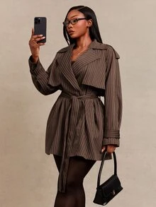 SHEIN SXY Jaket Lengan Panjang Bergaris dengan Kantong, Gaya Streetwear Ukuran Plus - Coklat - View 5