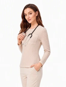 TaskEZ Apricot Long Sleeve Round Neck Elastic Waffle Knit Textured Inner Layer Top With Pockets, Comfortable Convenient Practical Minimalist Scrub Top - Apricot - View 4