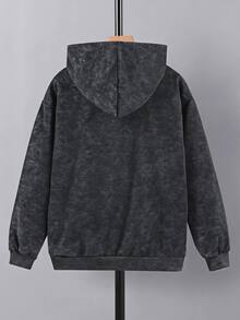 SHEIN 1件男童簡約高街大印花圖案仿雪花針織連帽開襟外套，舒適面料，獨特版型，秋冬新款，適合多種場合 - 黑色 - 查看 2