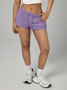 SHEIN PETITE 女款純色鬆緊腰寬鬆休閒短褲 - 淺灰紫 - 查看 6