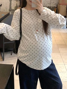 Dazy Maternity Contrast Polka Dot Loose Long Sleeve Crew Neck Casual Vacation Daily Versatile Spring Autumn Maternity T-Shirt - White - View 7