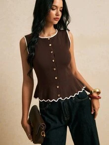 Poéselle Women's Colorblock Trim Knit Vest - Coffee Brown - View 8