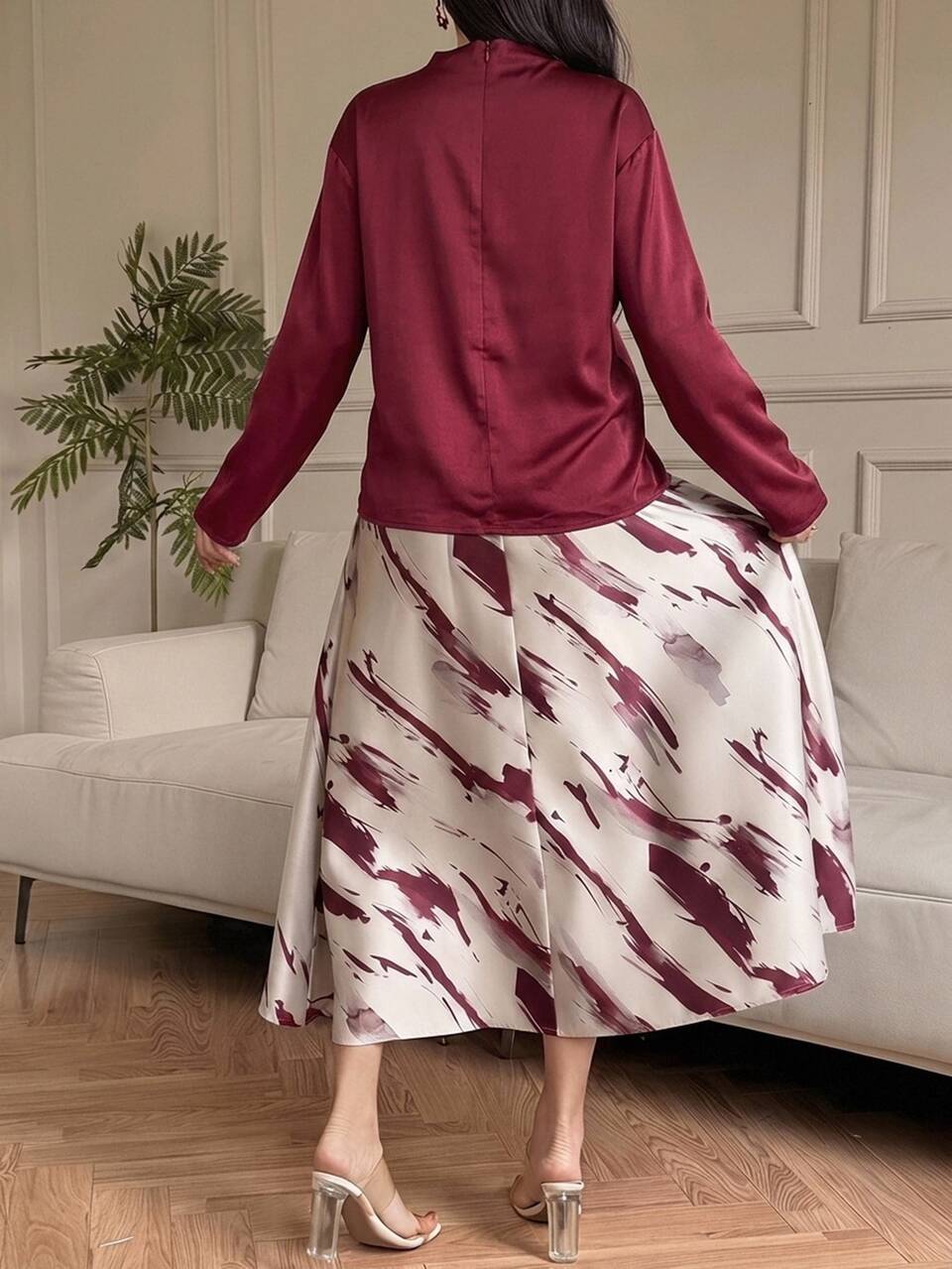 Loose Pullover Long Sleeve Shirt Full Floral Print Long Skirt, Elegant Casual Wedding Party Formal Winter Maternity 2 Pieces Set Burgundy