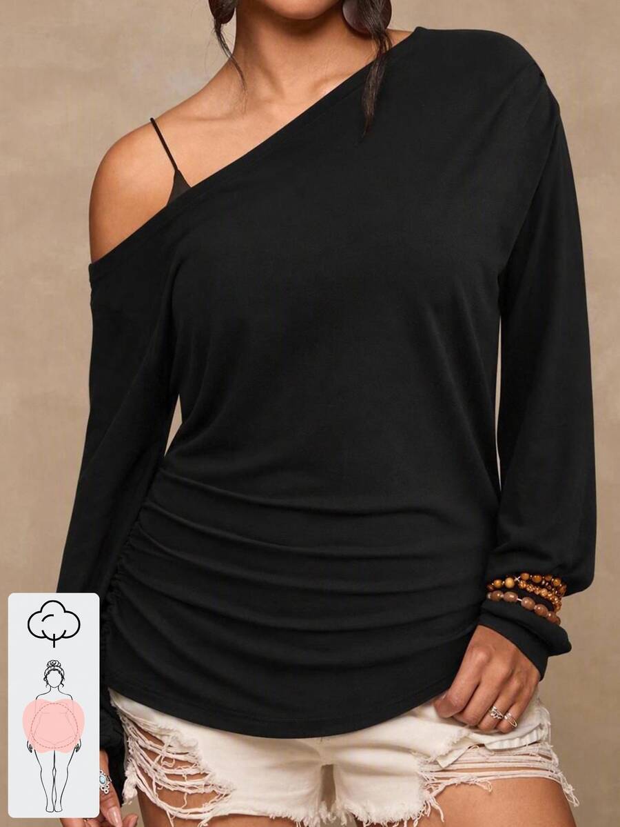 Travachic Plus Size Asymmetrical Neck Long Sleeve Solid Color T-Shirt, Suitable For Autumn/Winter - Black - View 1