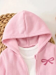 SHEIN 女嬰可愛灰色針織連帽外套與鬆緊腰長褲套裝 - 粉色 - 查看 3
