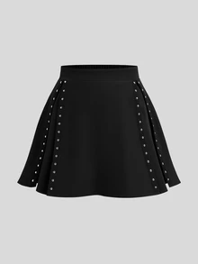 Sweetra Plus Size Punk Studded Patchwork Webbing A-Line Skirt - Black - View 1