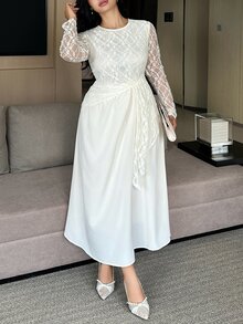 Dazy Plus Autumn Lace Patchwork Elegant Evening Dress, Early Autumn New Slimming Body-Flattering Dress - Apricot - View 4