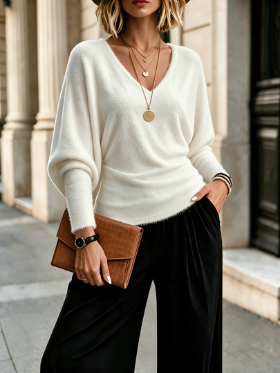 Balvessa Autumn/Winter Beige Knitted Wool-Like Fabric, V-Neck Waist-Cinching Ruched Detail Shoulder-Connected Long Sleeve Silhouette, Suitable For Dating, Shopping, Commuting, Daily Wear, Elegant Women's Winter Knitted T-Shirt