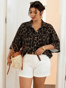 Lounesse Brown Leopard Print Plus Size Shirt Suitable For Office Commute - Multicolor - View 4