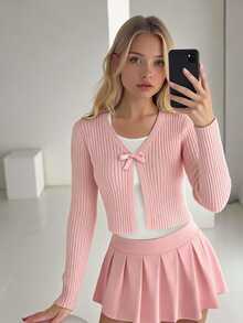 SHEIN 青少年女孩針織蝴蝶結開襟外套，搭配細肩帶背心 - 粉色 - 查看 7